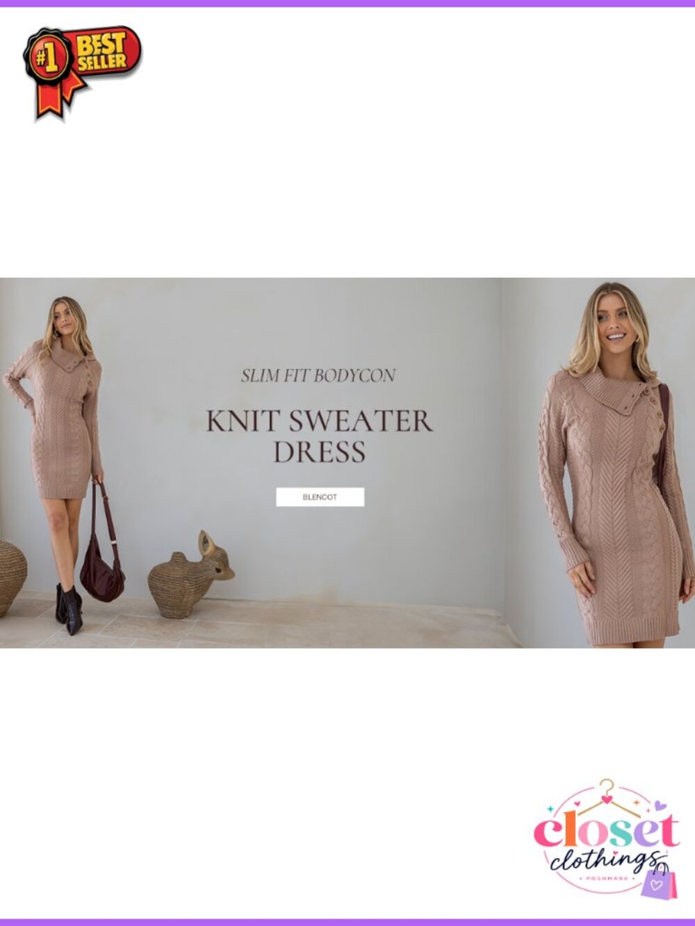 Turtleneck Long Sleeve Cable Knit Bodycon Sweater Dress - Picture 6 of 6
